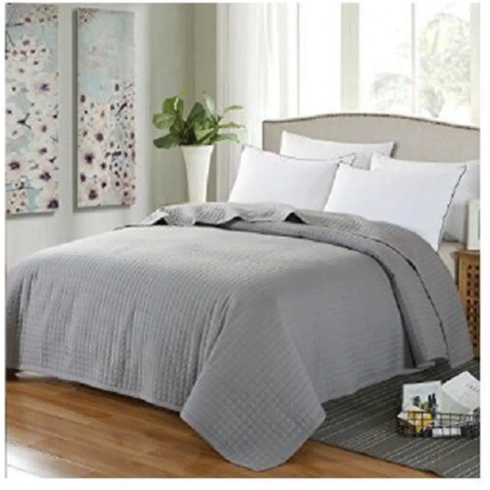 NEWLAKE All Season Lightweight Quilt Comforter Bedspread 3 PIECE SET QUEEN GREY